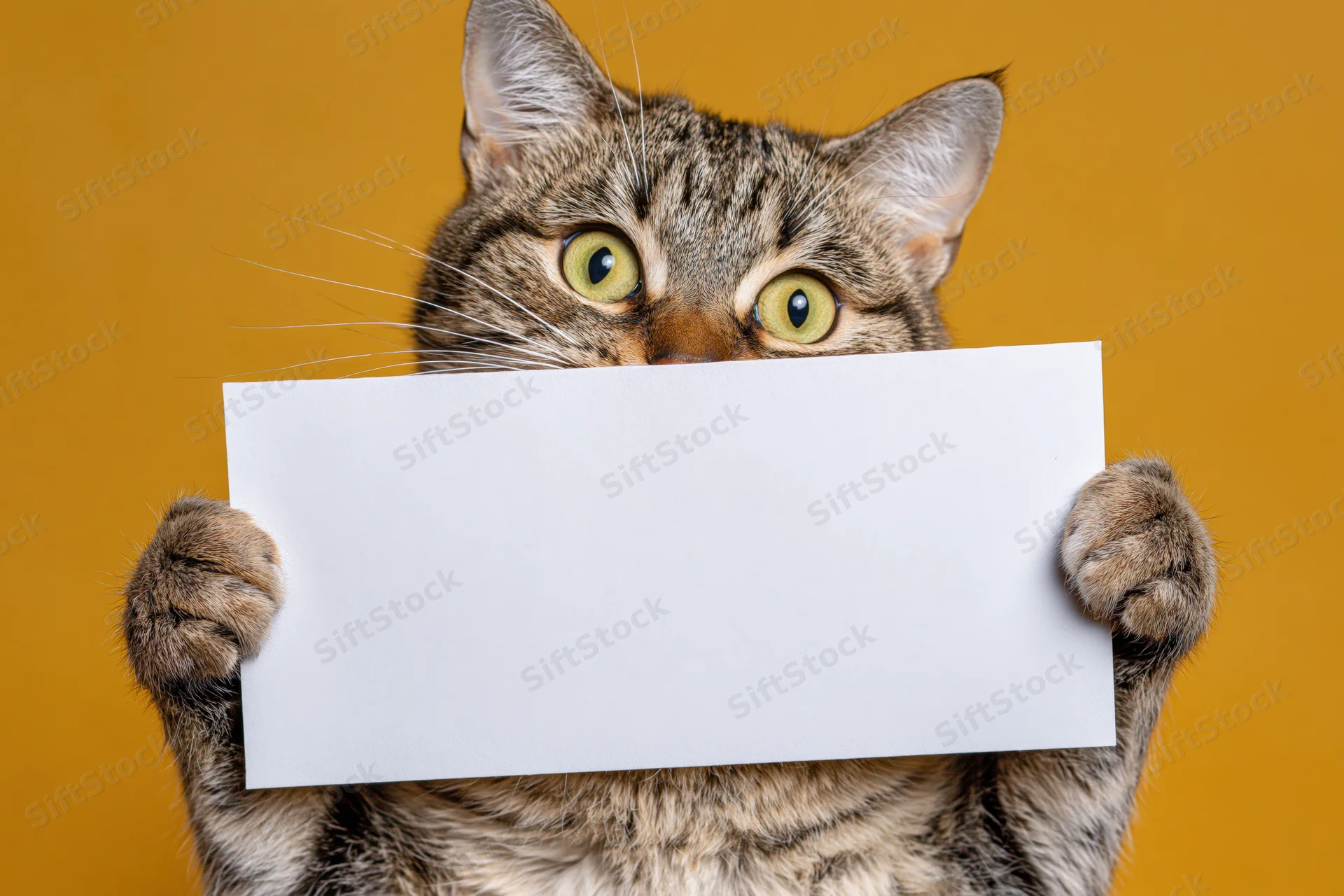 Tabby cat holding blank white sign with wide green eyes against orange background