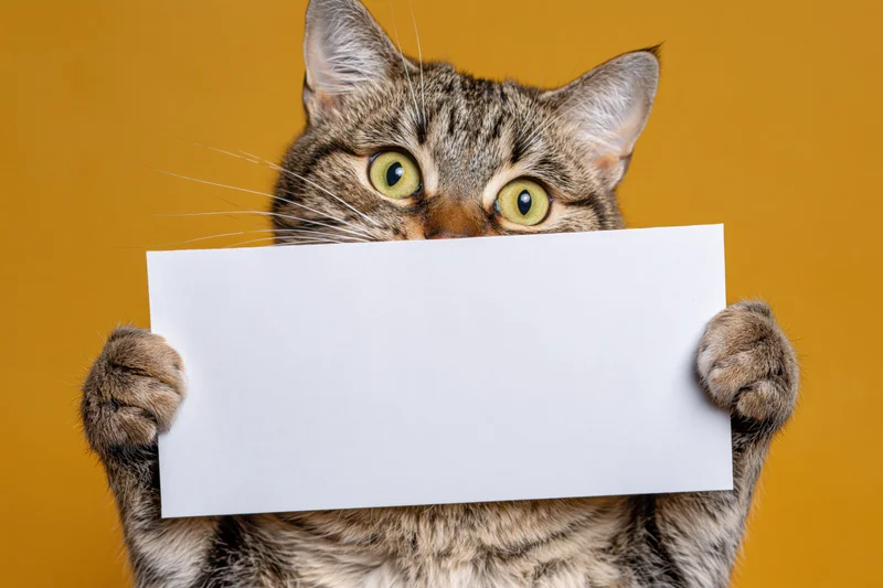 Tabby cat holding blank white sign with wide green eyes against orange background