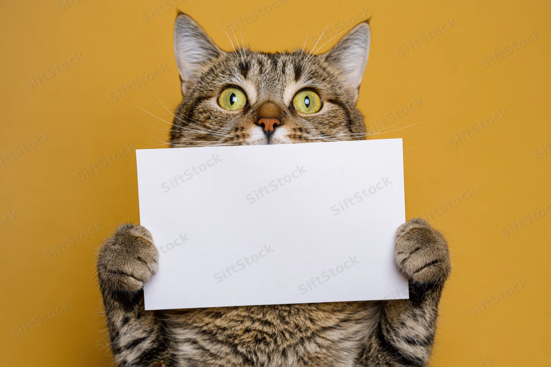 Tabby cat holding blank white sign in front of yellow background