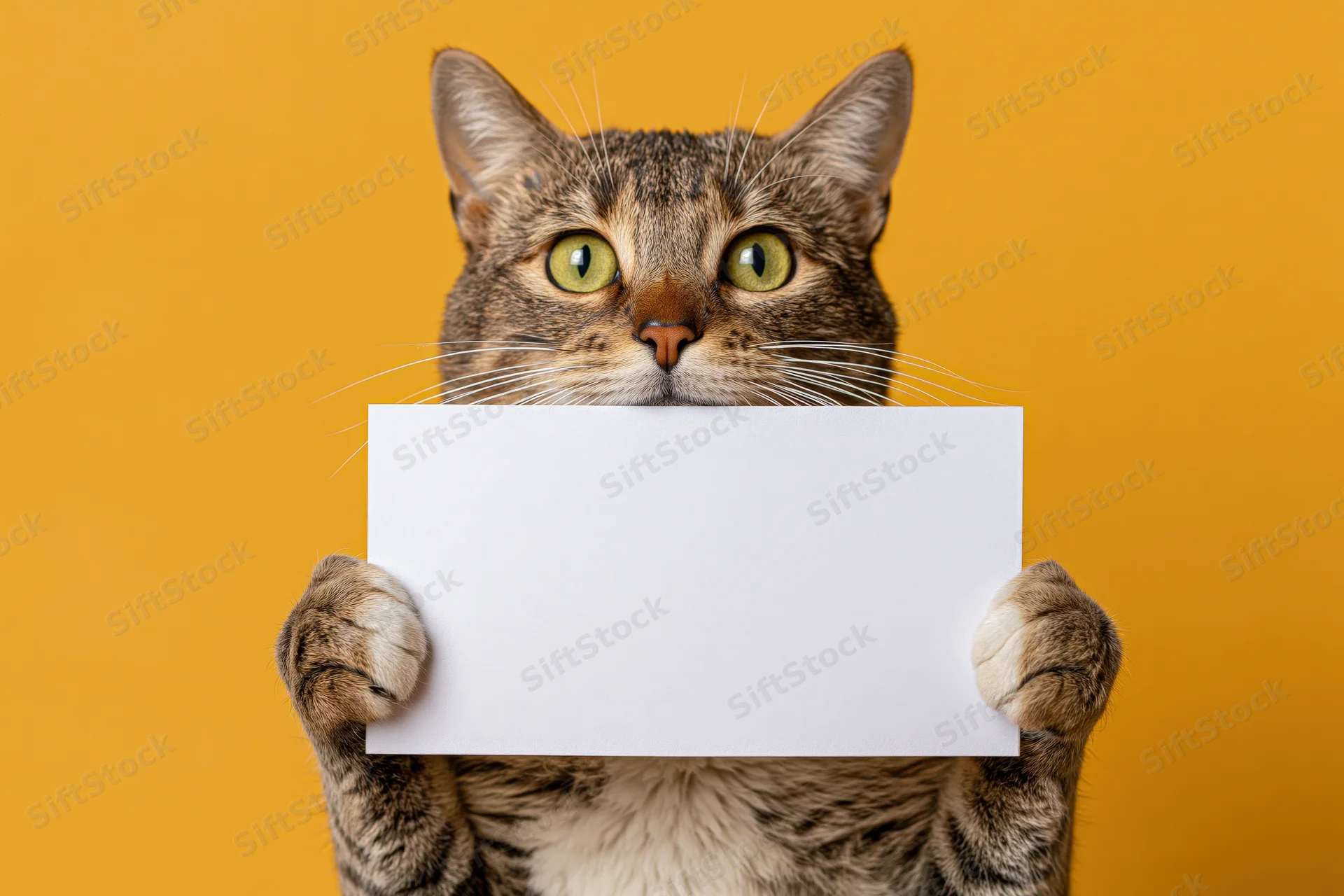 Tabby cat holding blank white sign against yellow background