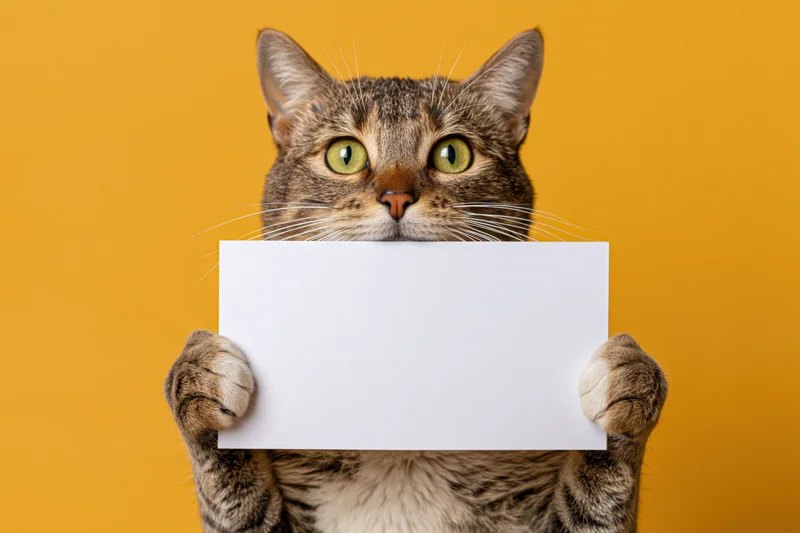 Tabby cat holding blank white sign against yellow background