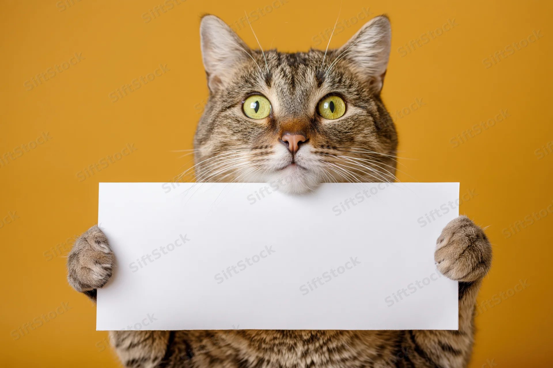 Tabby cat holding blank white sign against yellow background