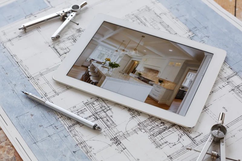 Tablet displaying kitchen interior photo on top of architectural blueprints with drafting tools around