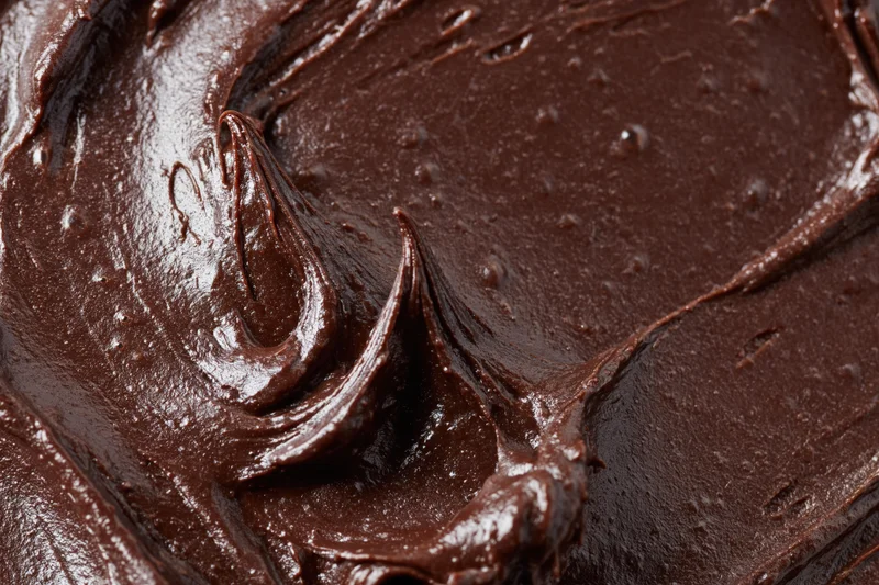 Thick dark chocolate ganache spread across a flat surface with glossy swirls and smooth texture