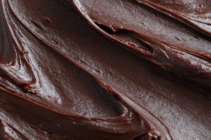 Thick dark chocolate ganache spread in sweeping swirl pattern