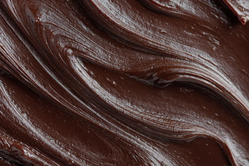 Thick dark chocolate ganache spread in sweeping swirl pattern