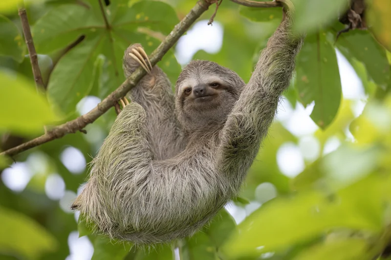 Three-toed sloth hanging from a tree branch in a tropical forest