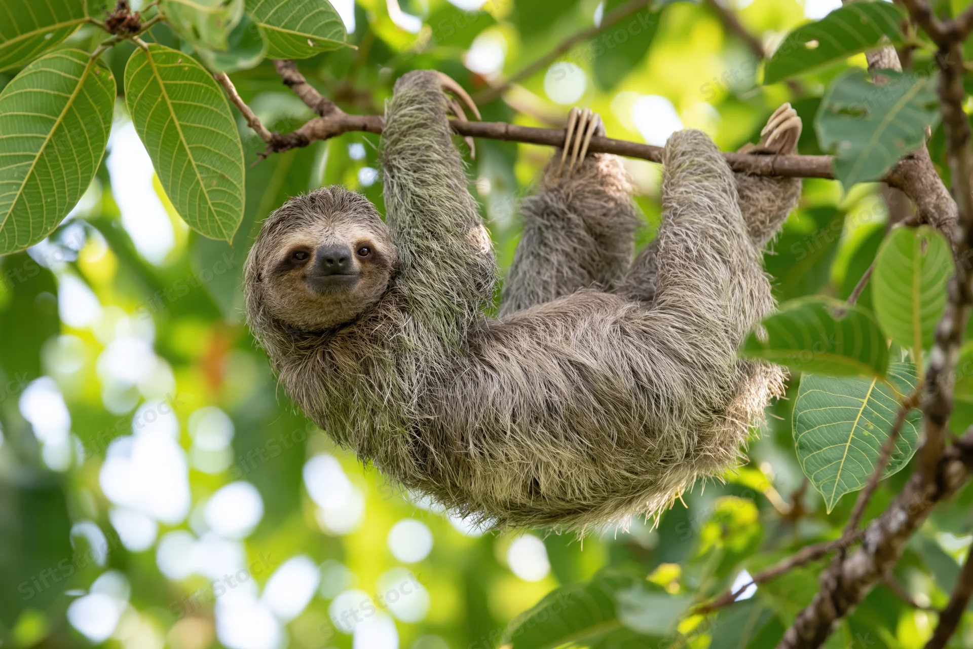 Three-toed sloth hanging from a thin tree branch in a tropical forest