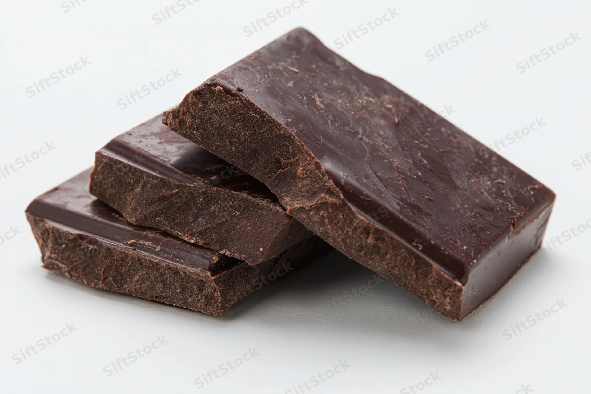 Broken dark chocolate pieces stacked loosely on white background