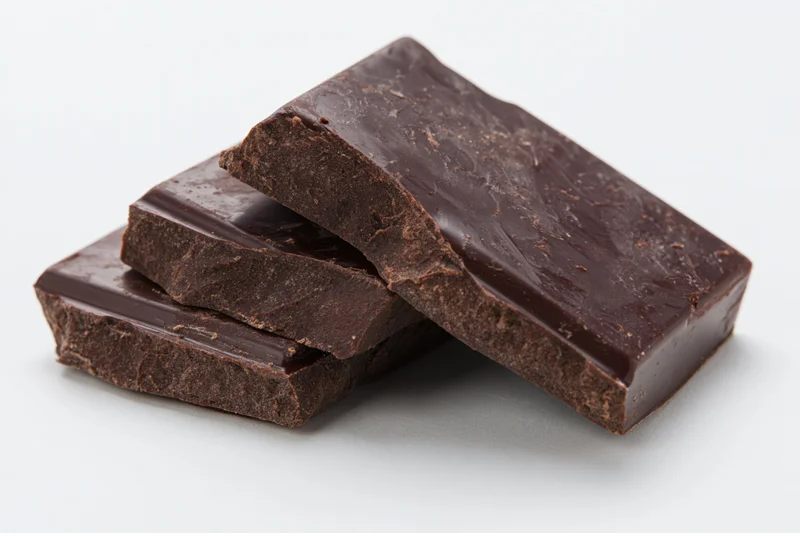 Broken dark chocolate pieces stacked loosely on white background