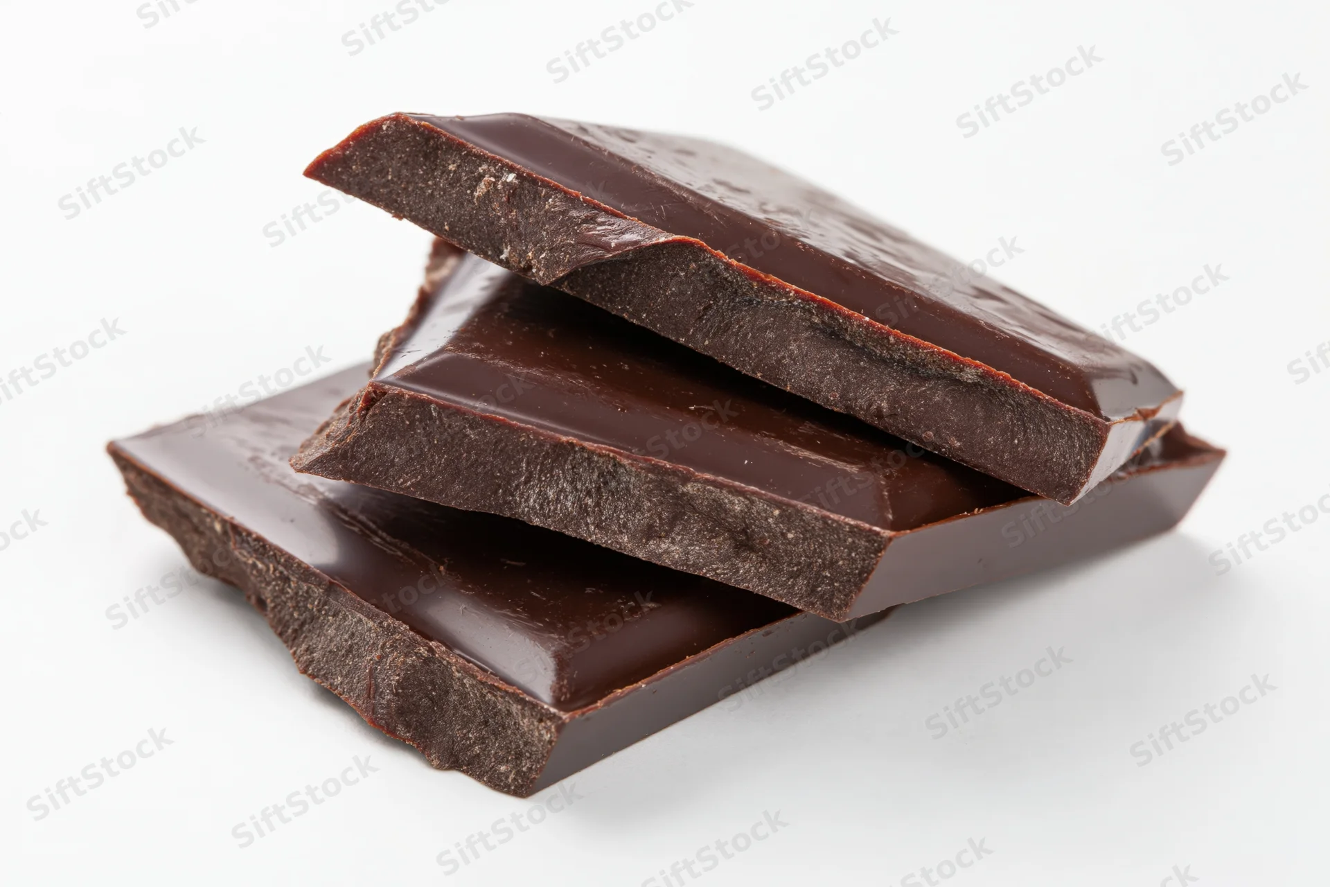 Broken dark chocolate pieces stacked loosely on white background