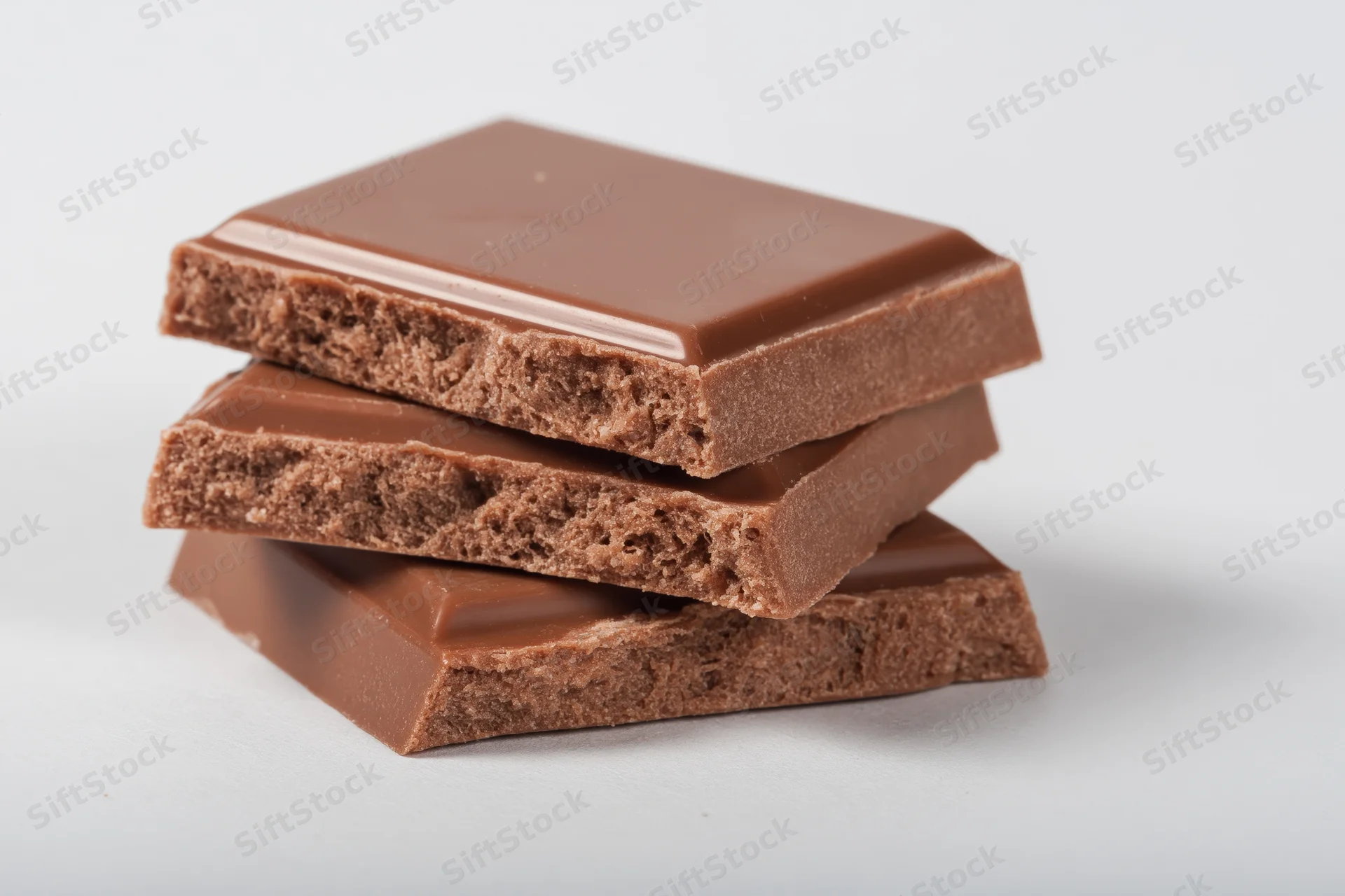 Three broken milk chocolate squares stacked loosely on a white surface