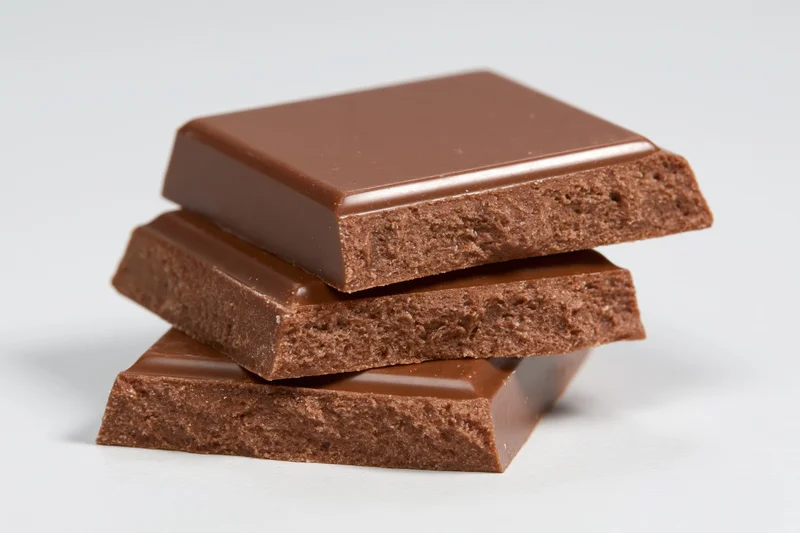 Three broken milk chocolate squares stacked loosely on a white surface