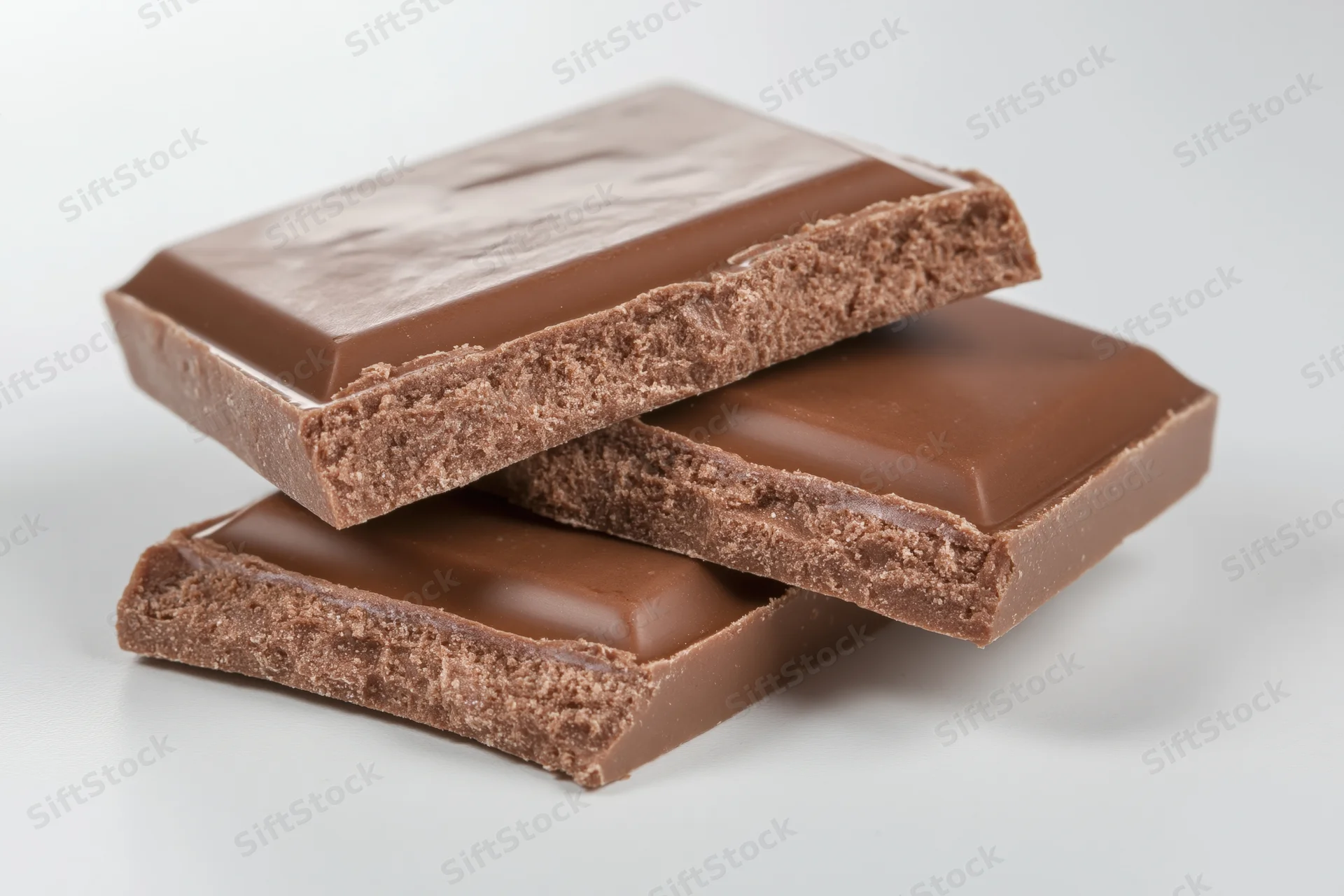 Broken milk chocolate squares stacked loosely on white background