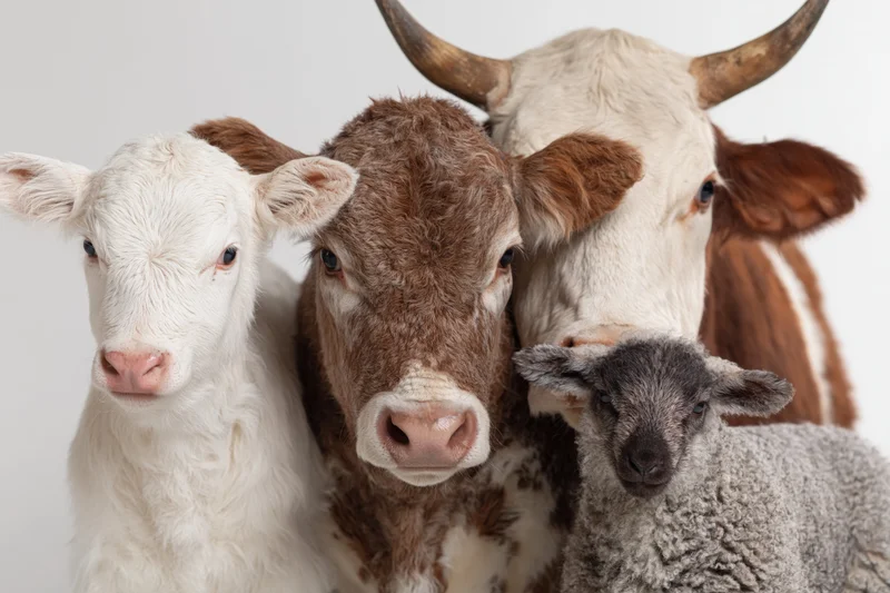Three farm animals — a white calf, a brown cow, and a gray sheep — grouped closely together in a studio portrait