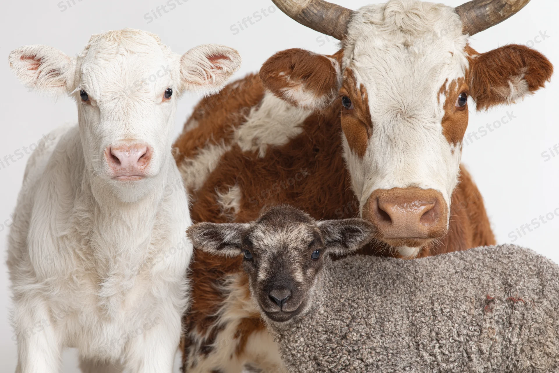 White calf, brown cow, and gray lamb standing close together in studio setting