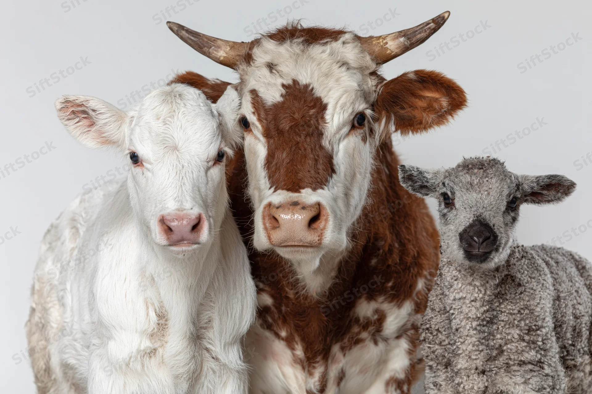 Three farm animals — a white calf, a brown and white cow, and a gray sheep — standing close together in a studio setting