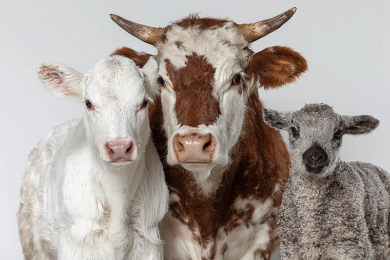 Three farm animals — a white calf, a brown and white cow, and a gray sheep — standing close together in a studio setting