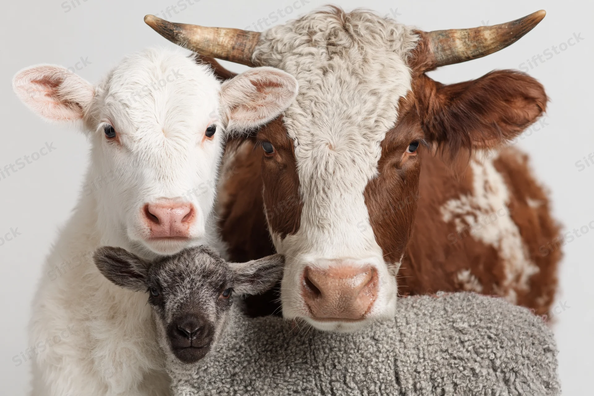 Three farm animals — a white calf, a brown cow, and a gray lamb — grouped closely together in a studio portrait