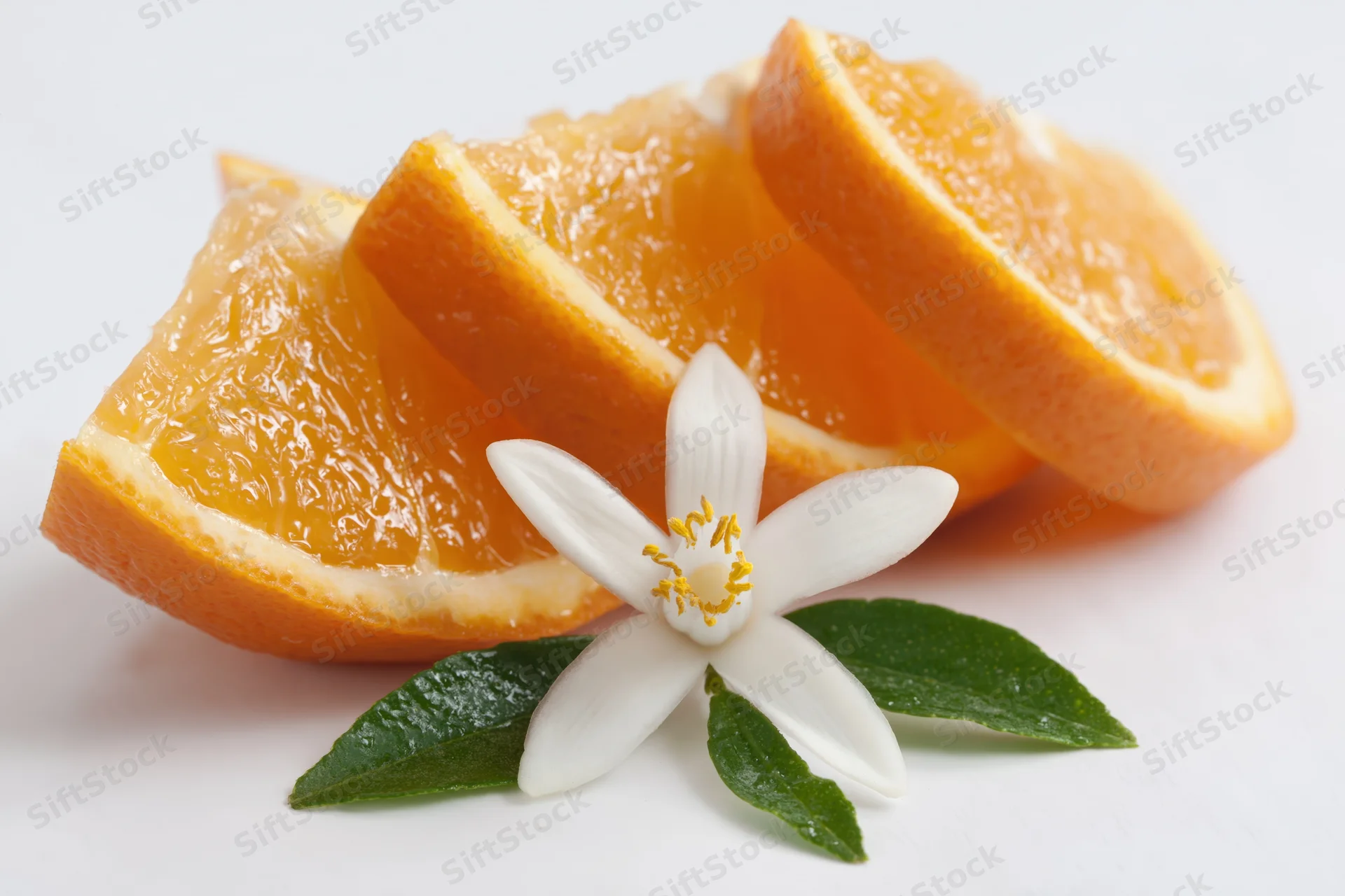 Three orange wedges with an orange blossom and leaves on a white background
