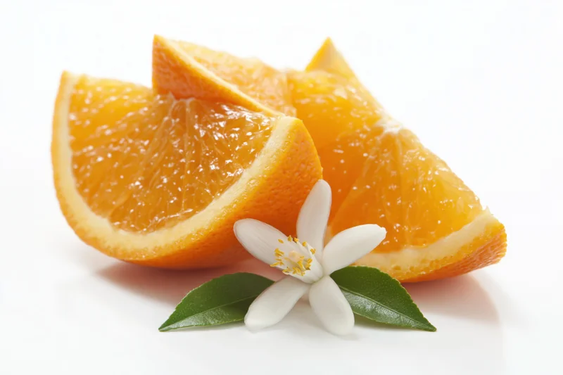 Three fresh orange wedges arranged with an orange blossom and leaves on a white background