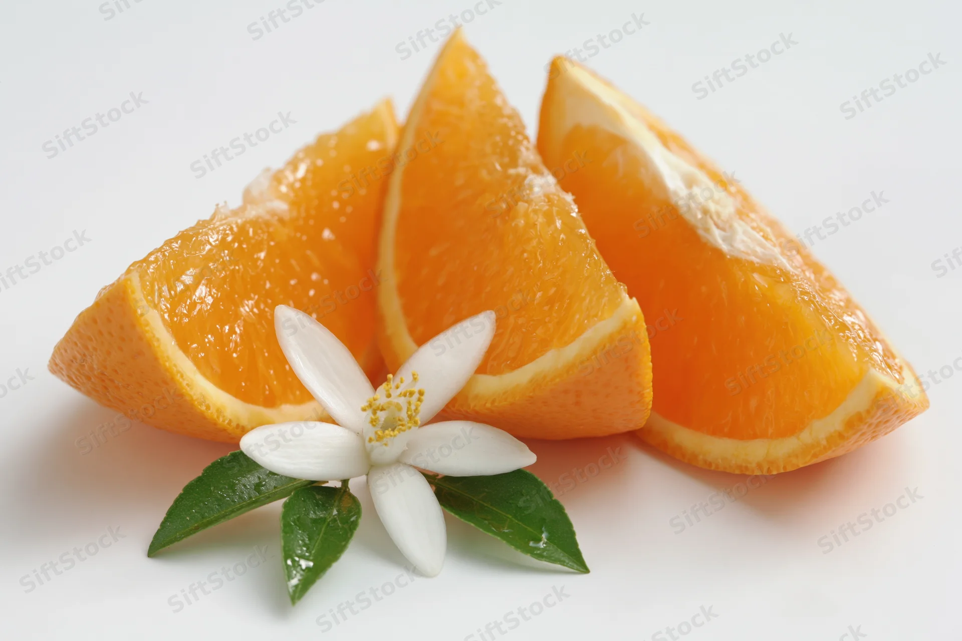 Three orange wedges arranged with a white orange blossom and green leaves on a white background