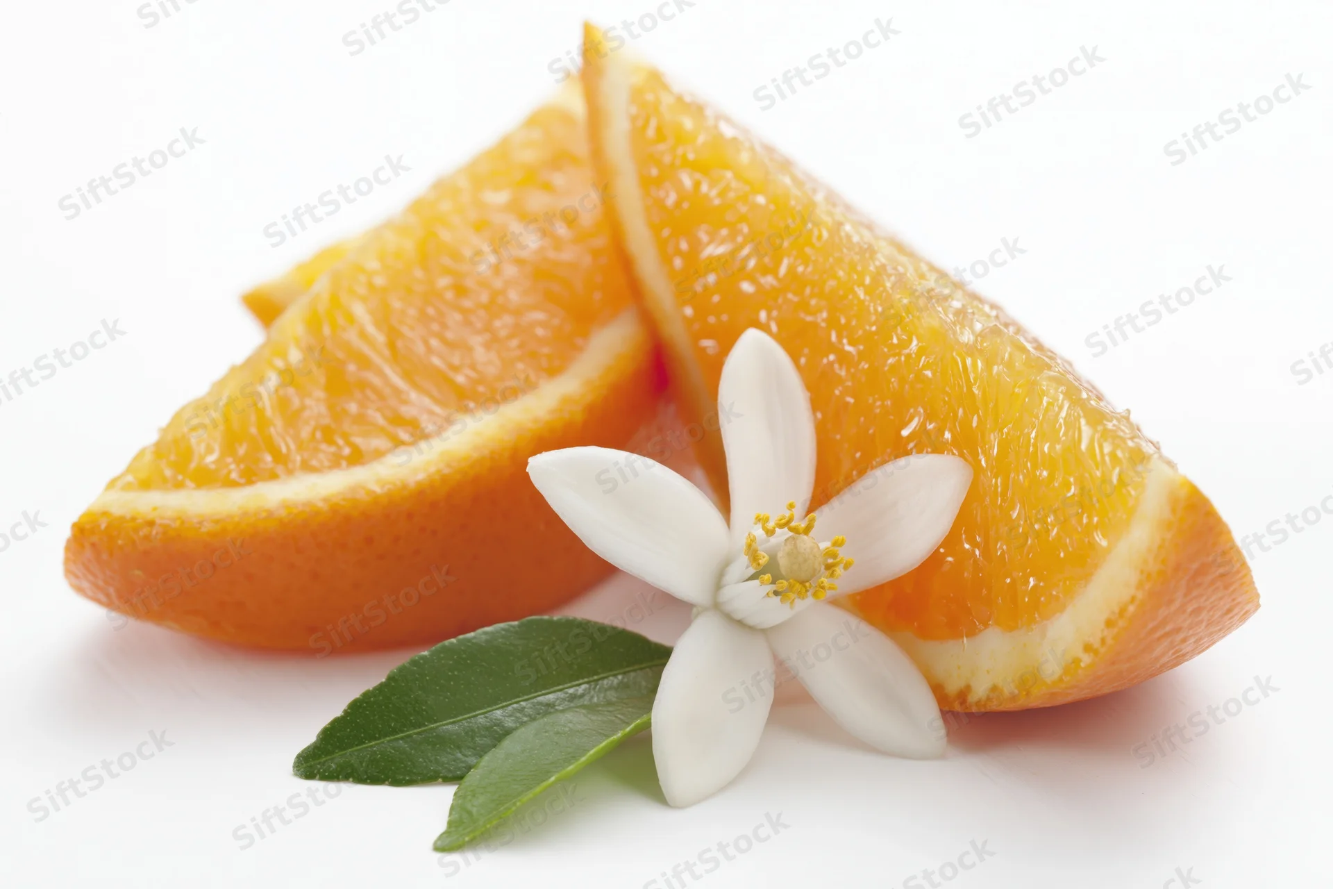 Three orange wedges with a white blossom and green leaves on a white background