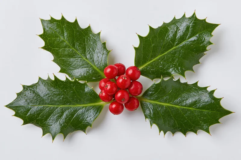 Holly leaves with red berries arranged flat on white background