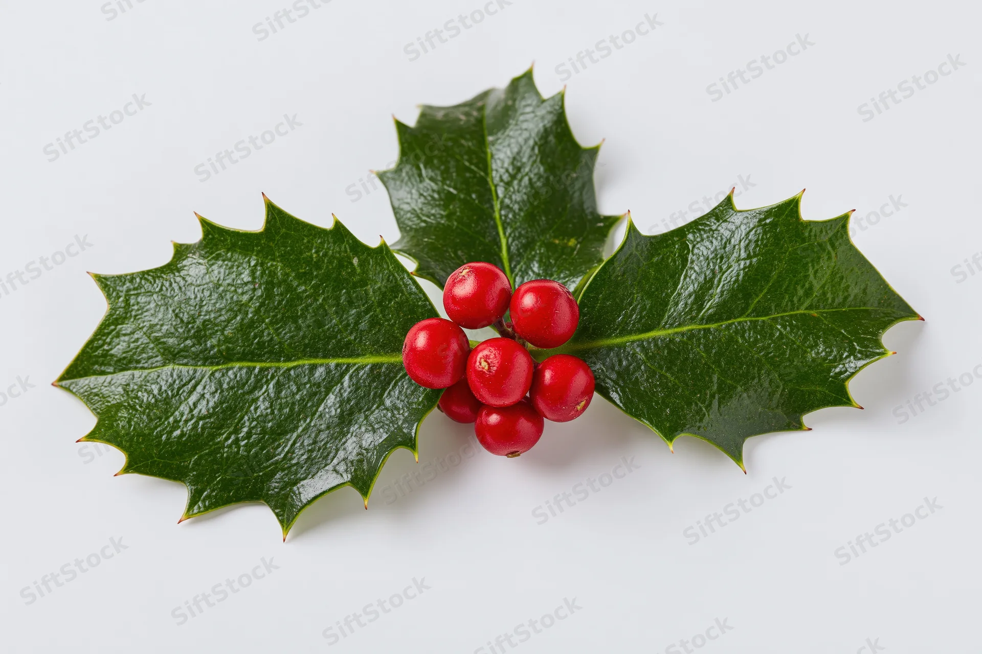 Holly leaves with red berries arranged on white background
