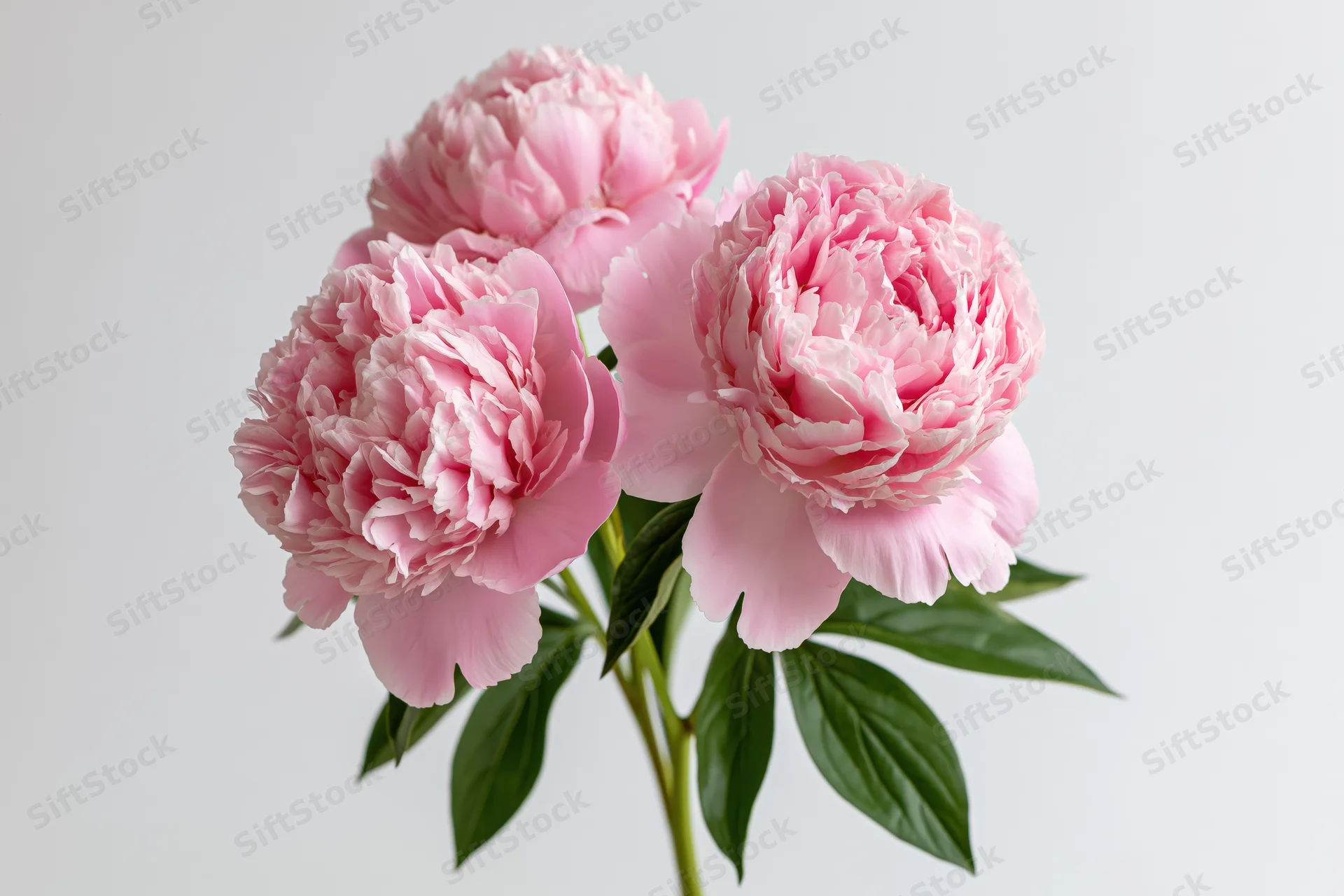 Three pink peony blooms on a single stem with green leaves against a white background