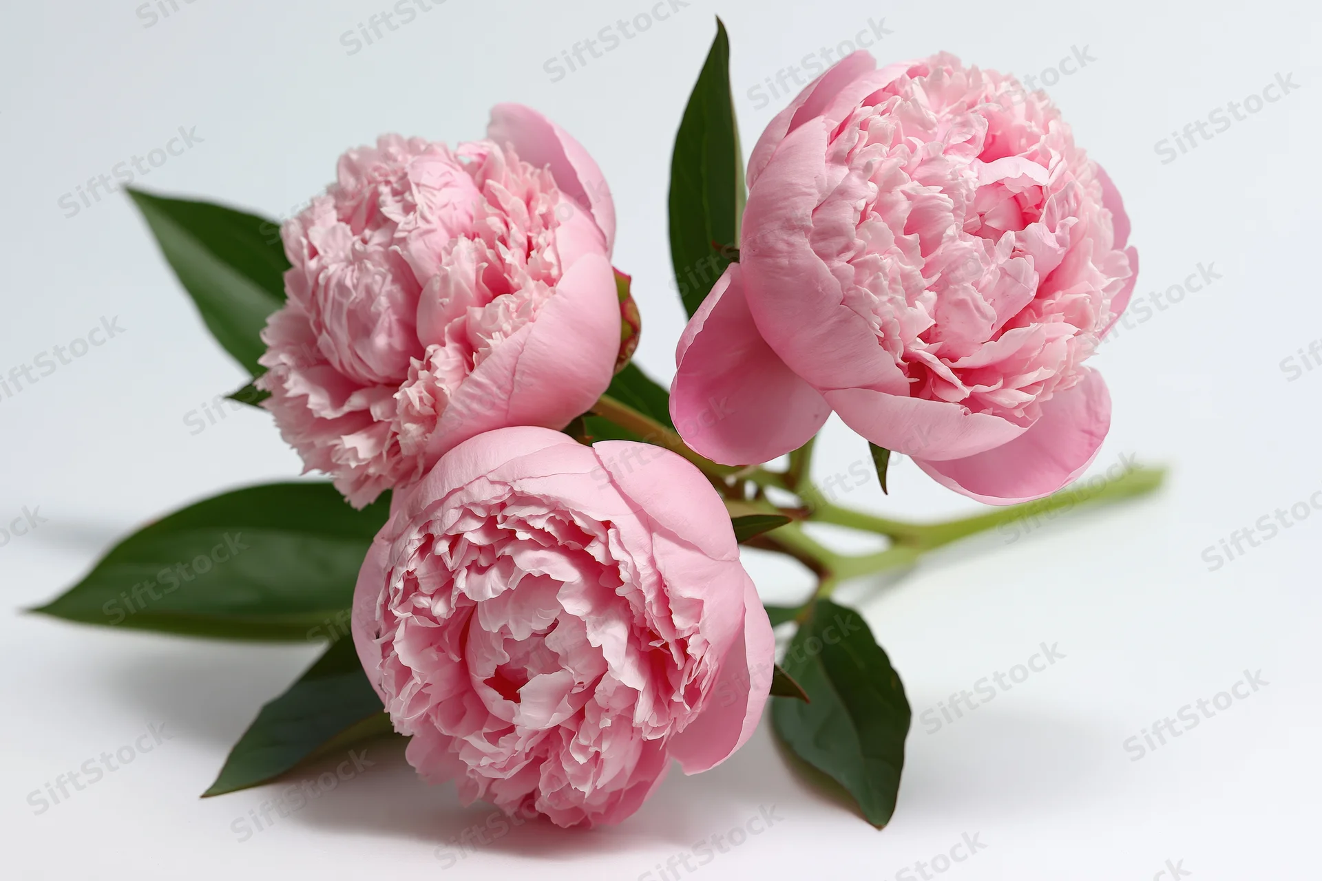 Three pink peony blooms on a single stem with green leaves arranged on white background