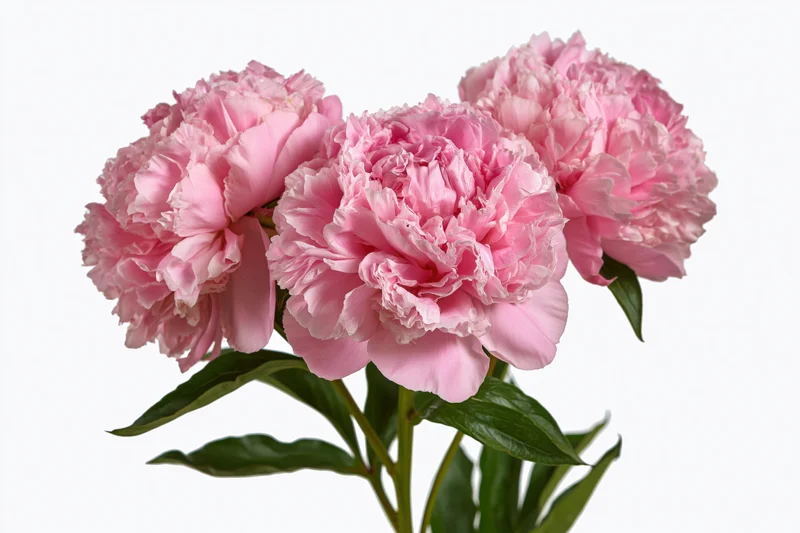 Three pink peony blooms on a single stem with green leaves against white background