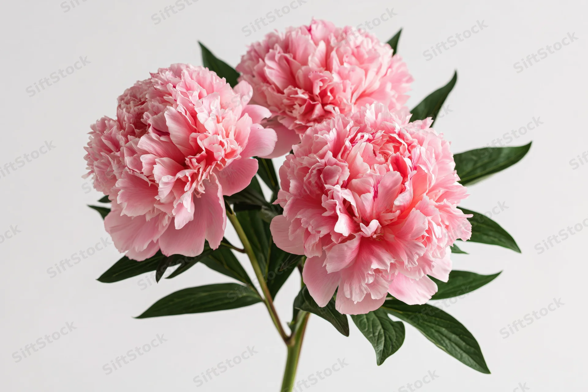 Three pink peony blooms on a single stem with green leaves against white background