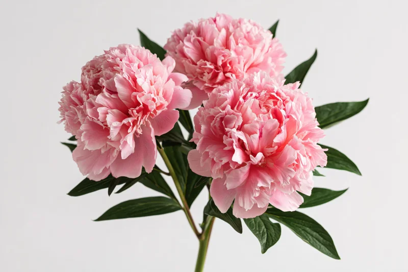 Three pink peony blooms on a single stem with green leaves against white background