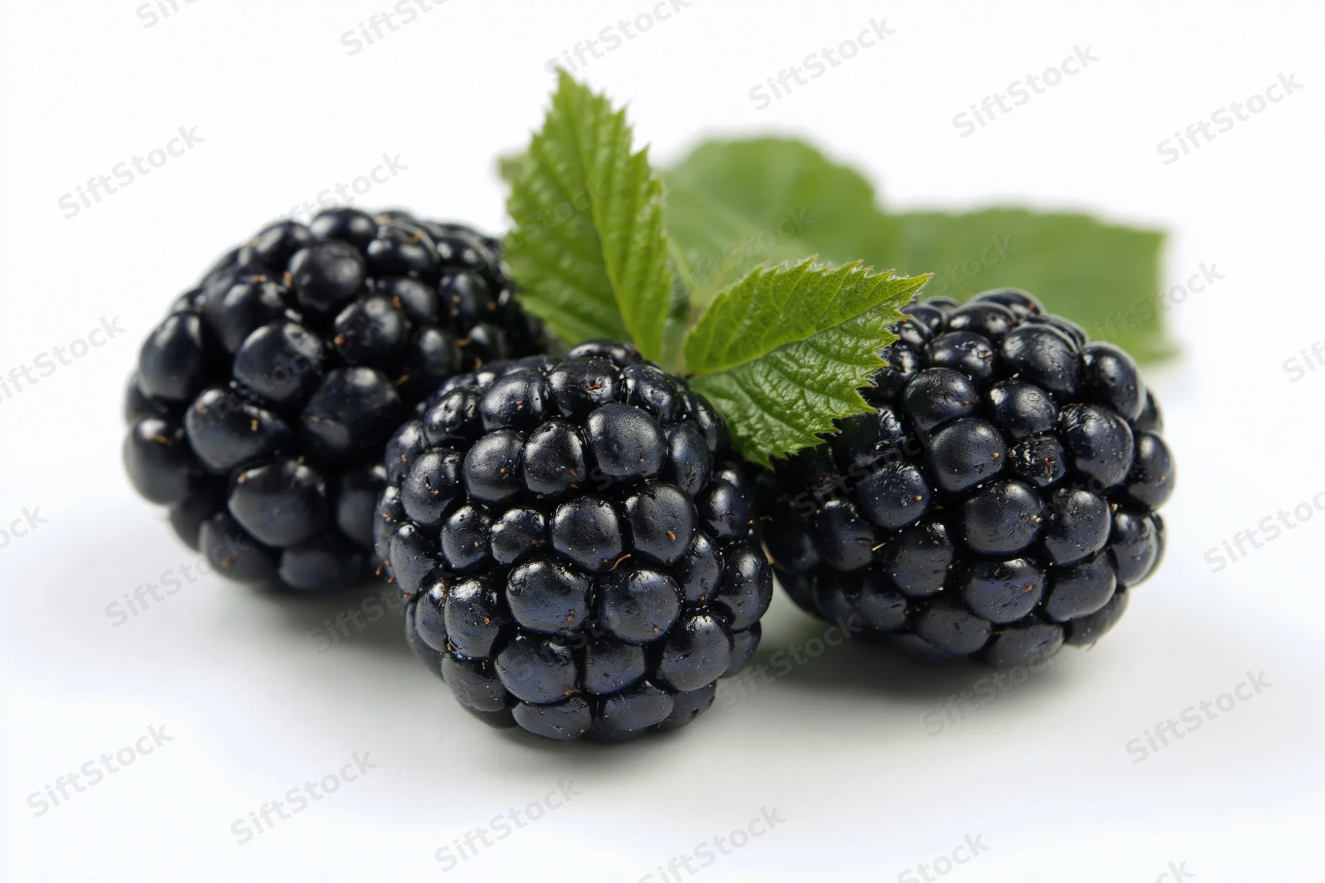 Three ripe blackberries clustered together with a small green leaf on white background