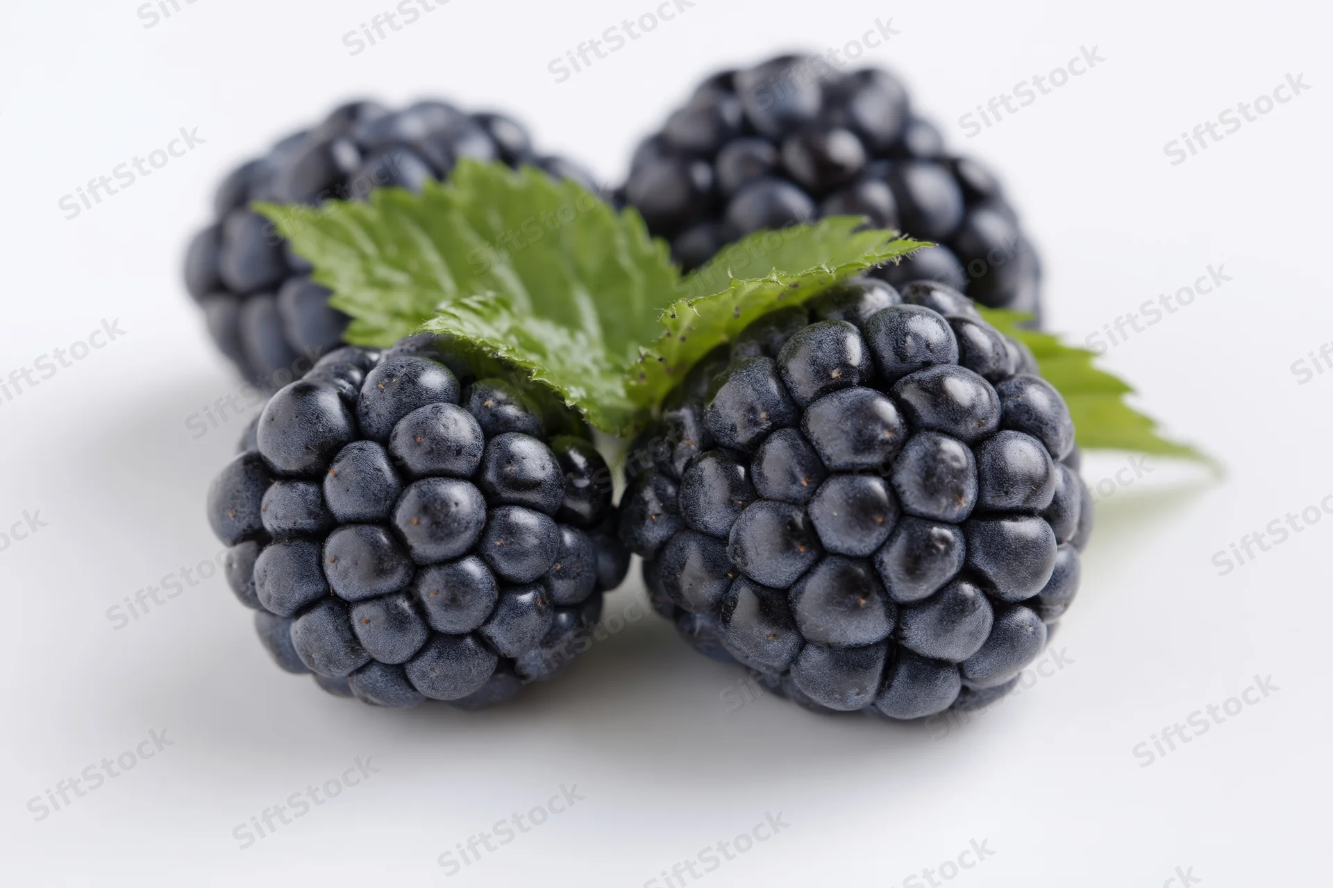 Four ripe blackberries clustered with a green leaf on a white surface