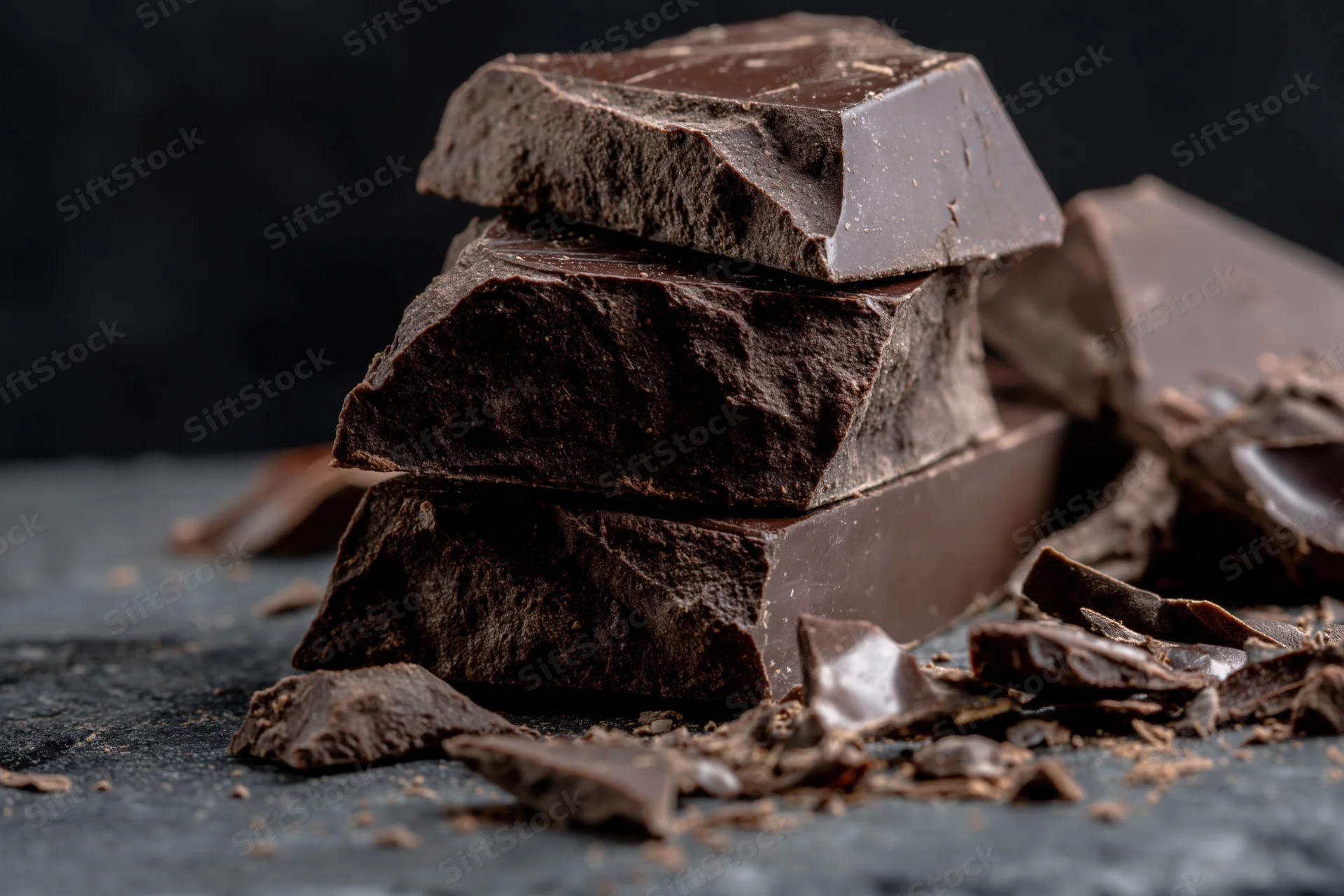 Broken dark chocolate pieces stacked unevenly on a dark stone surface