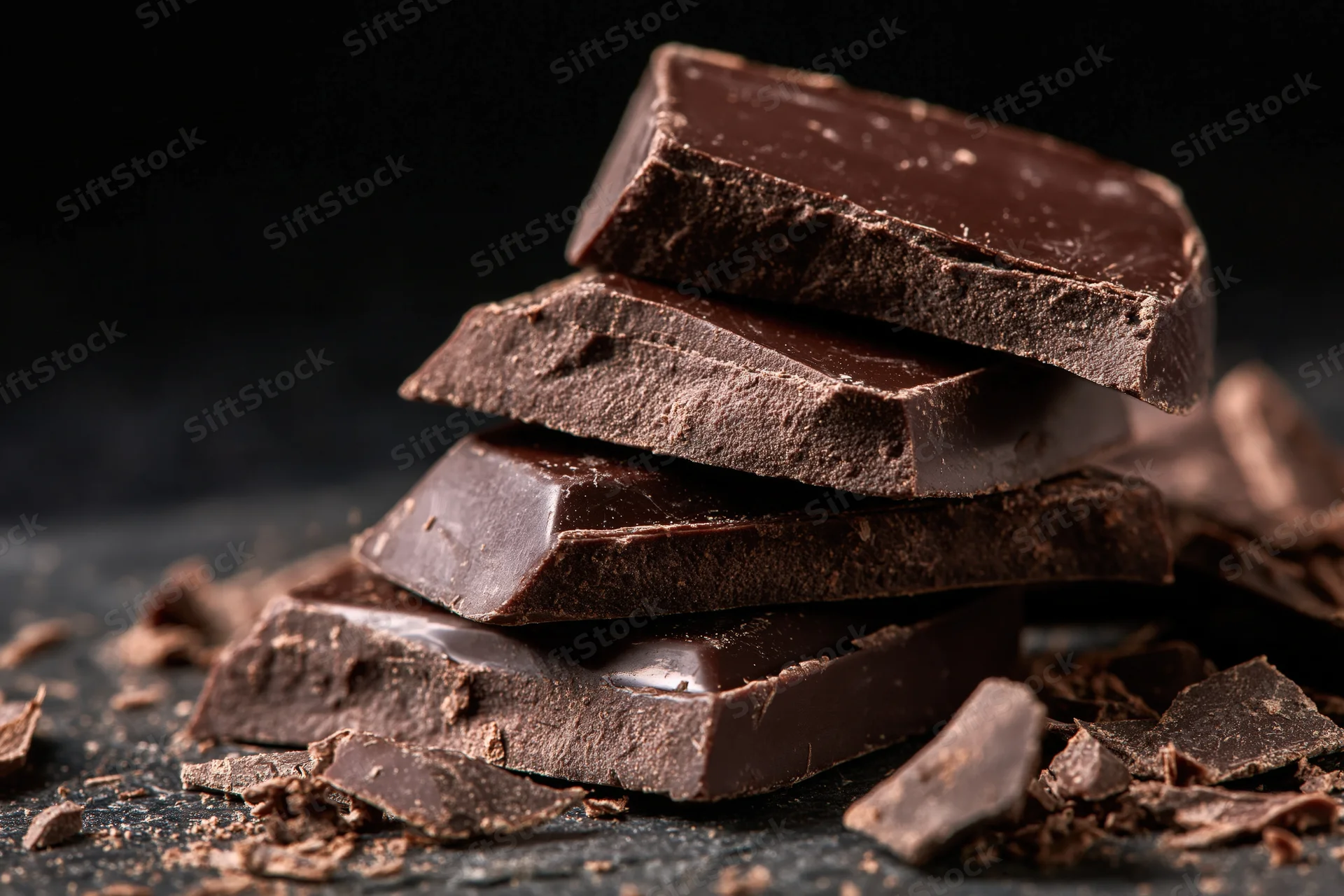 Broken dark chocolate pieces stacked unevenly on a dark surface