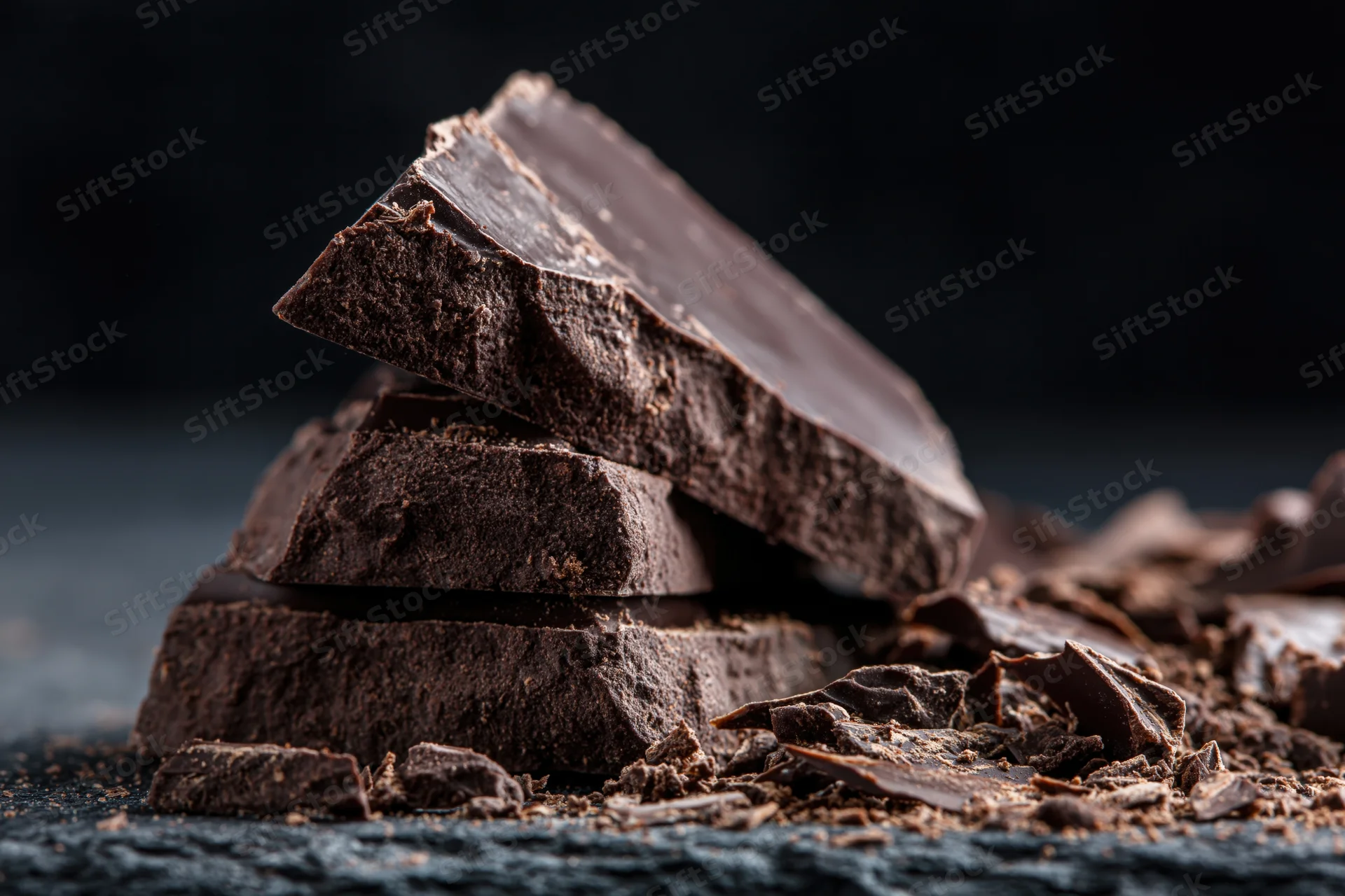 Broken dark chocolate pieces stacked unevenly on a dark stone surface