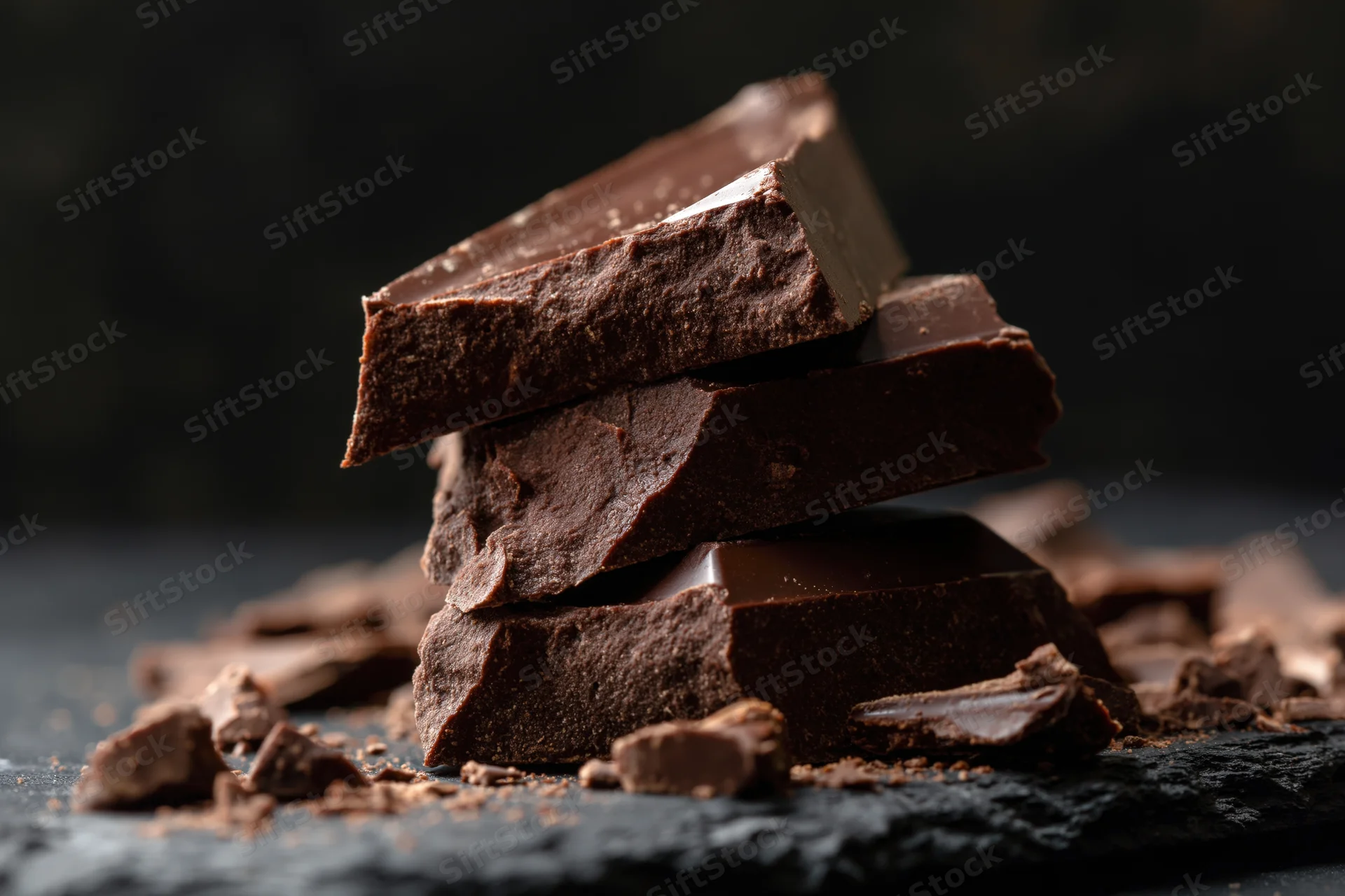Uneven stack of broken dark chocolate chunks on a dark stone surface