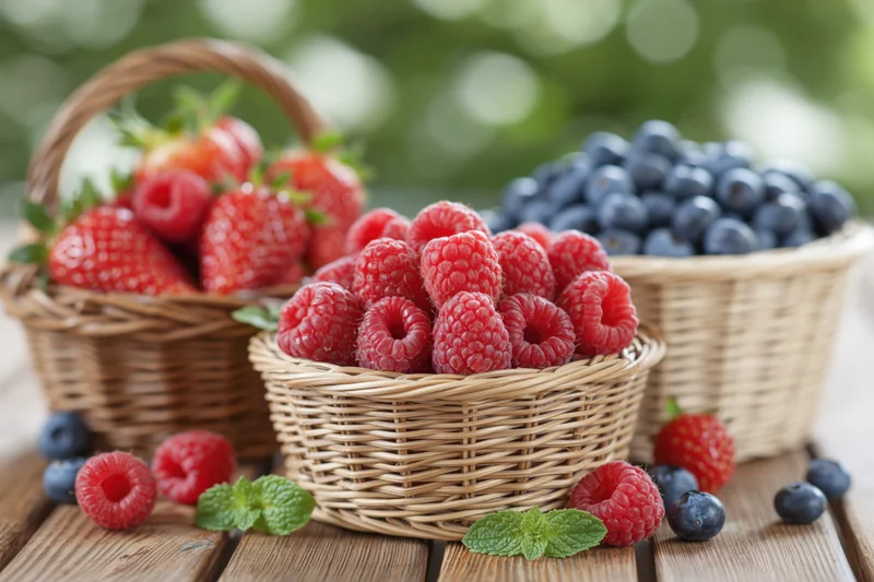Three wicker baskets filled with fresh raspberries, strawberries and blueberries on a wooden table