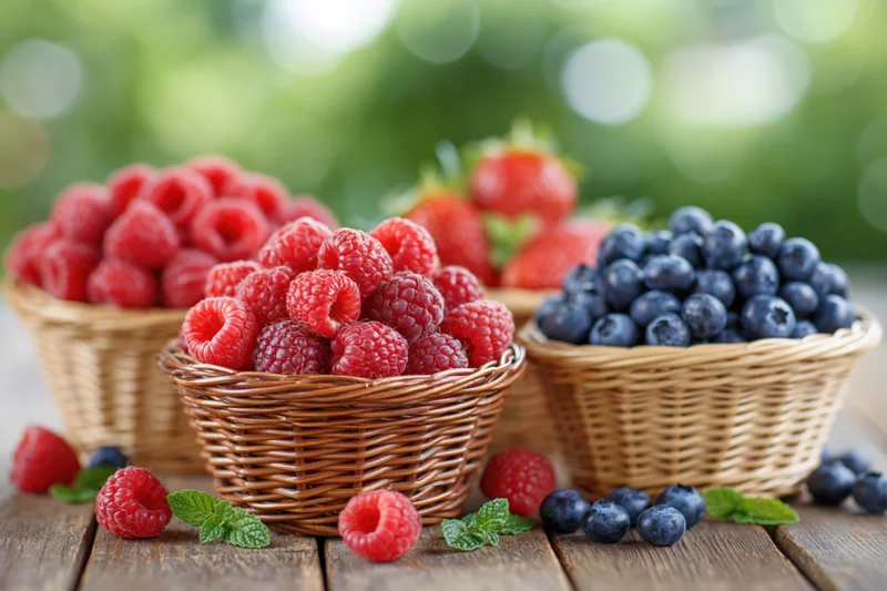 Three wicker baskets filled with fresh raspberries, blueberries and strawberries on a wooden table outdoors