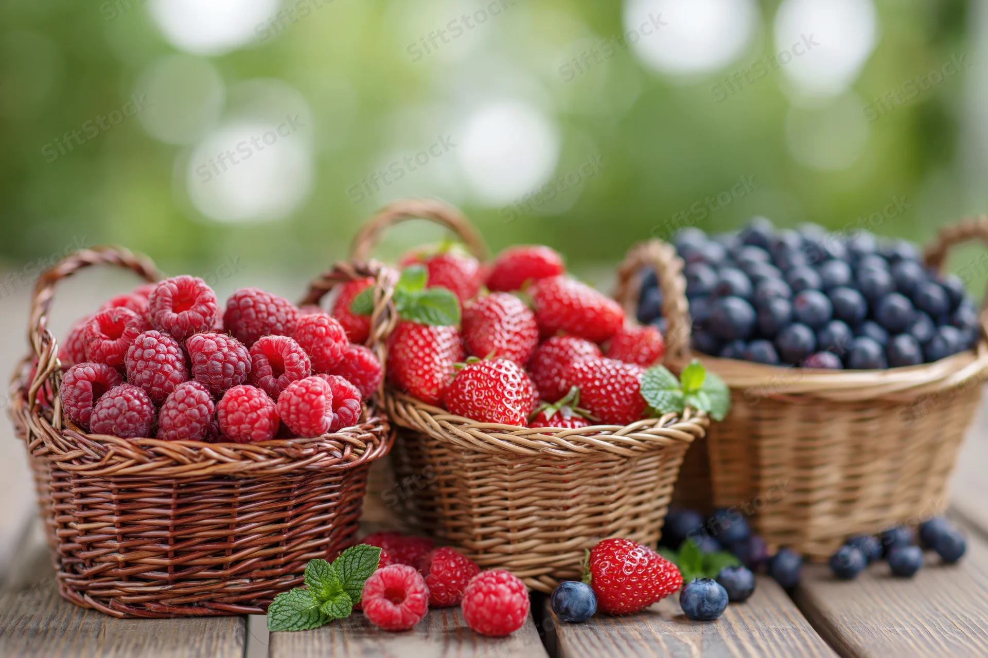Three wicker baskets filled with fresh raspberries, strawberries and blueberries on a wooden table outdoors