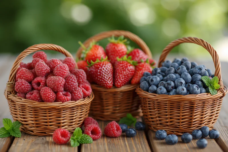 Three wicker baskets filled with fresh raspberries, strawberries and blueberries on a wooden table outdoors