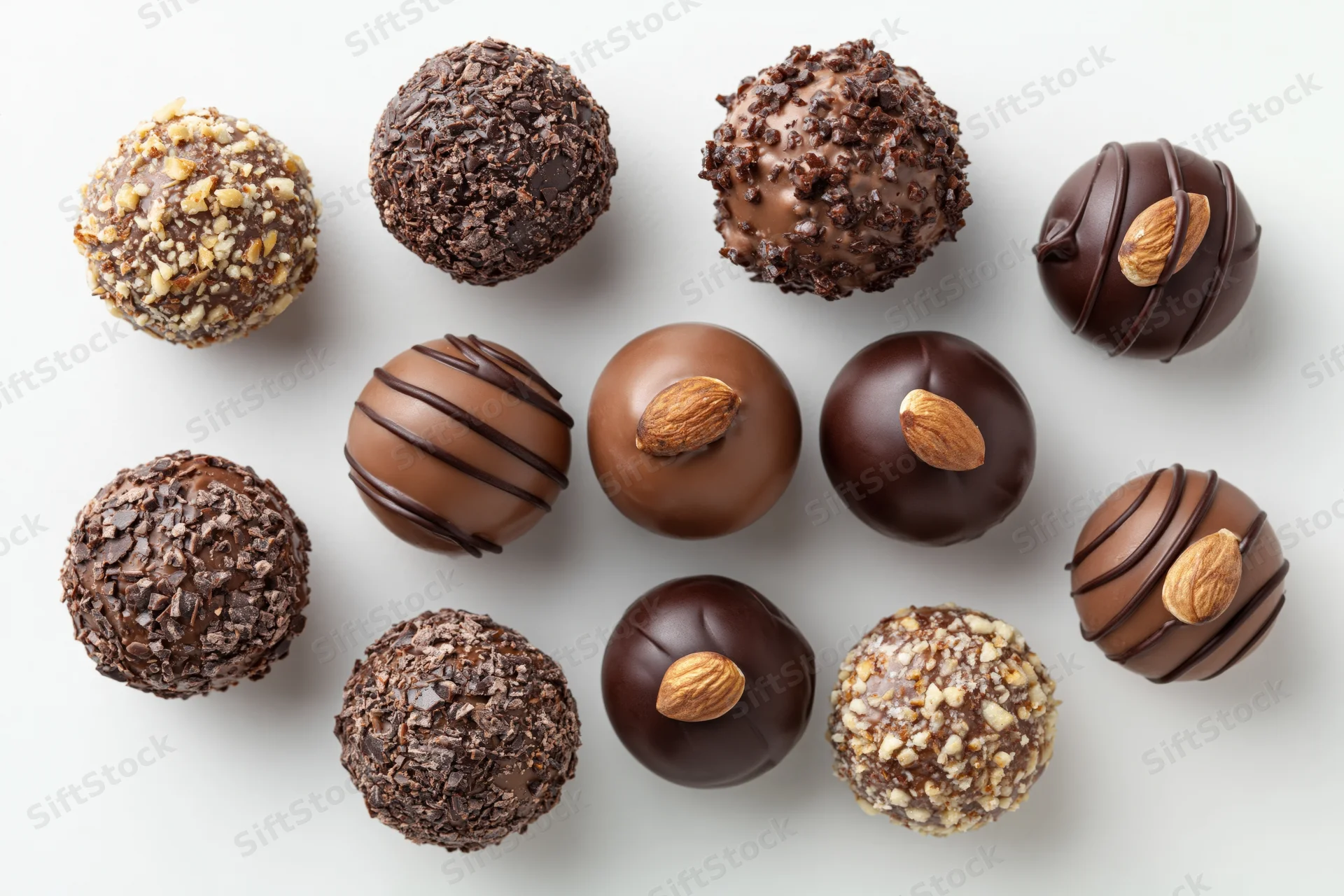 Assorted chocolate truffles and pralines arranged on white surface