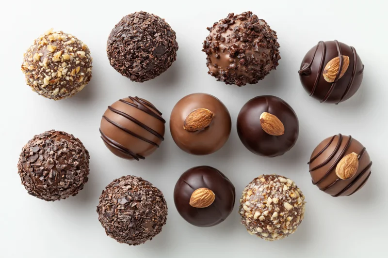 Assorted chocolate truffles and pralines arranged on white surface