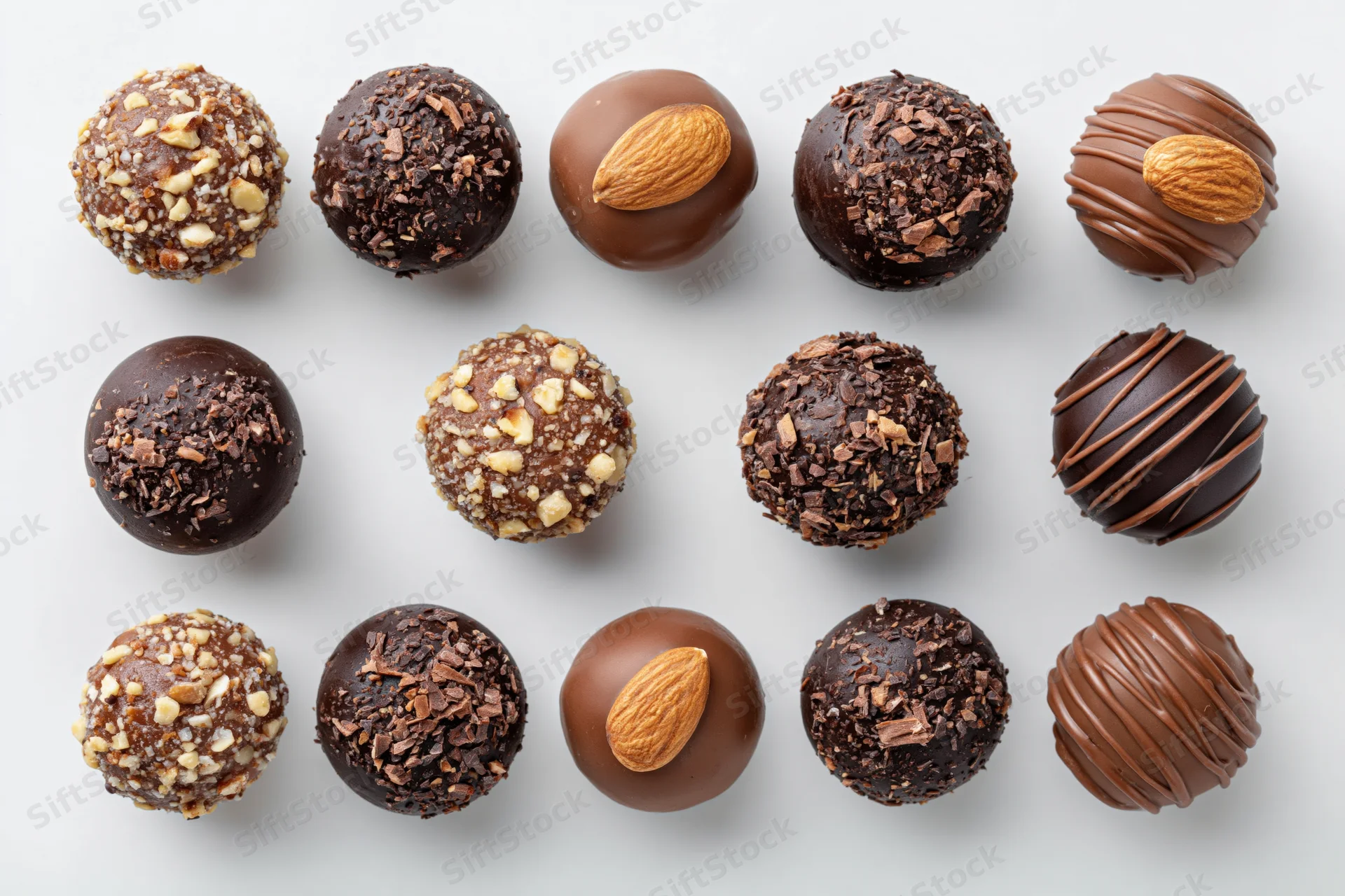 Twelve assorted chocolate truffles and pralines arranged in a grid on white background
