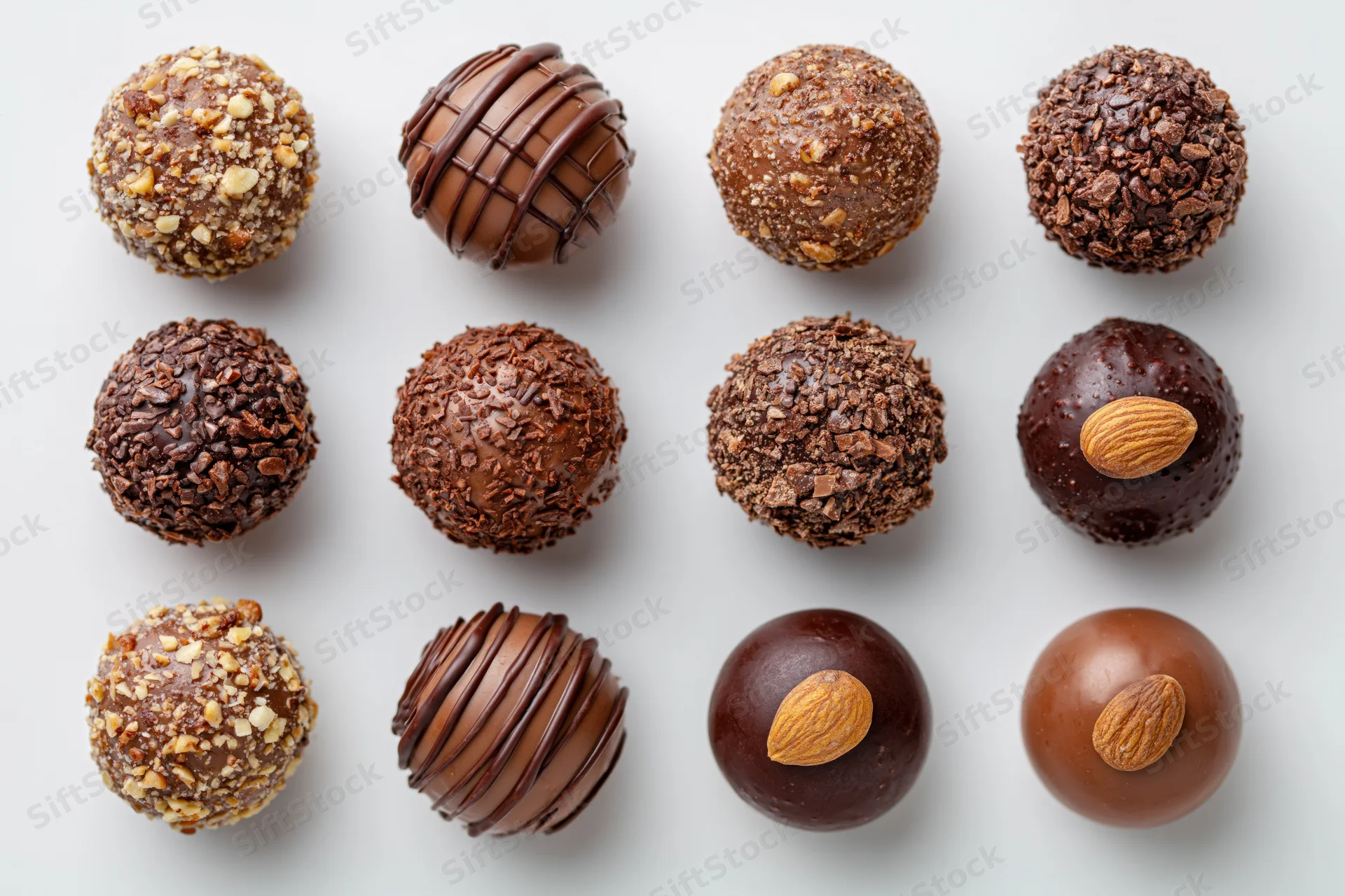 Twelve assorted chocolate truffles and pralines arranged in a grid on white background