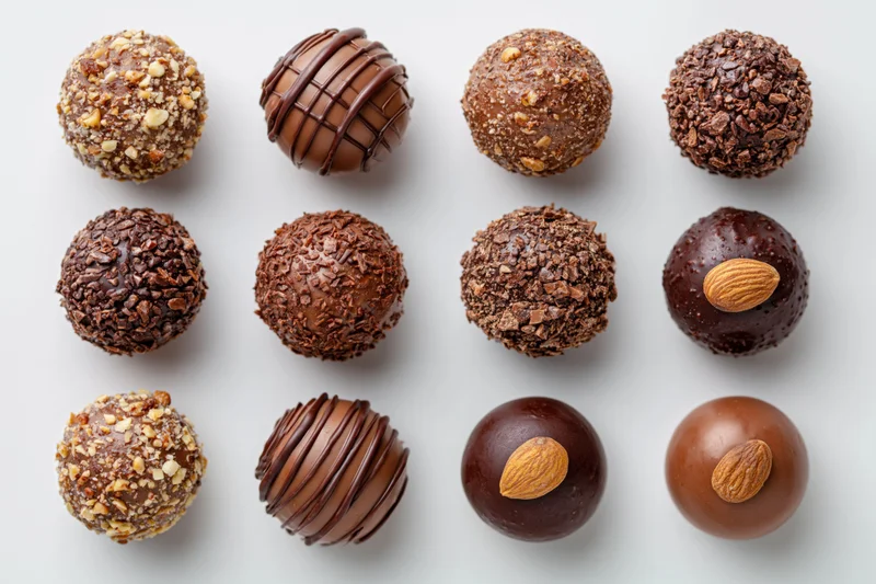 Twelve assorted chocolate truffles and pralines arranged in a grid on white background