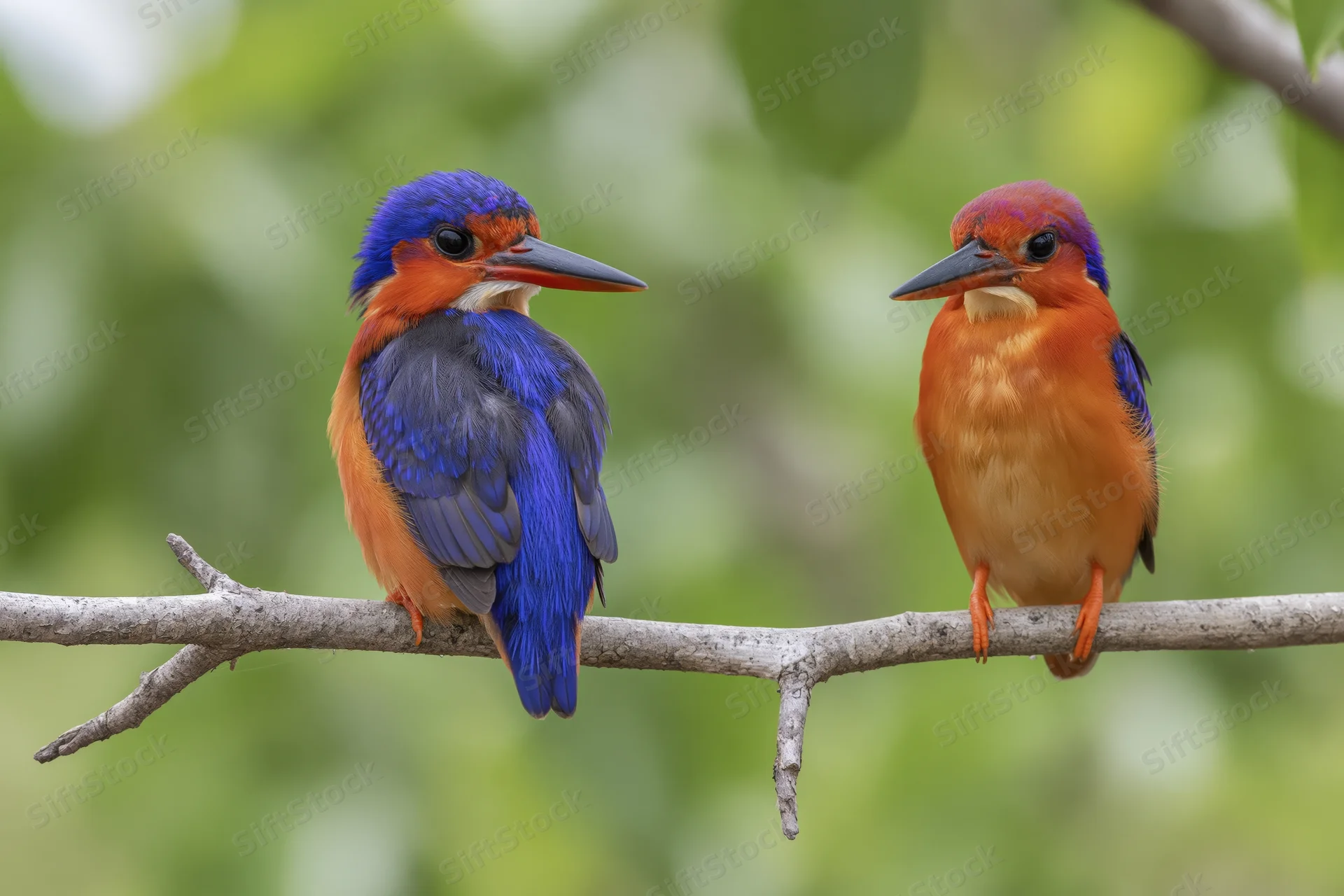 Two african pygmy kingfishers perched side by side on a bare branch in a green forest setting